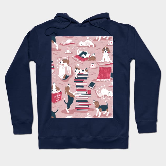 Life is better with books a hot drink and a friend // pattern // pink background brown white and blue beagles and cats and red cozy details Hoodie by SelmaCardoso